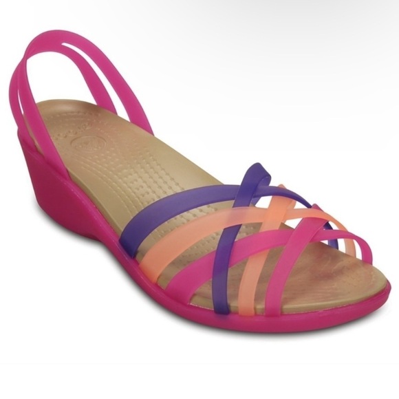Crocs Women Huarache Mini Wedge Sandals Translucent Strappy Vibrant Violet/Melon - Picture 1 of 15